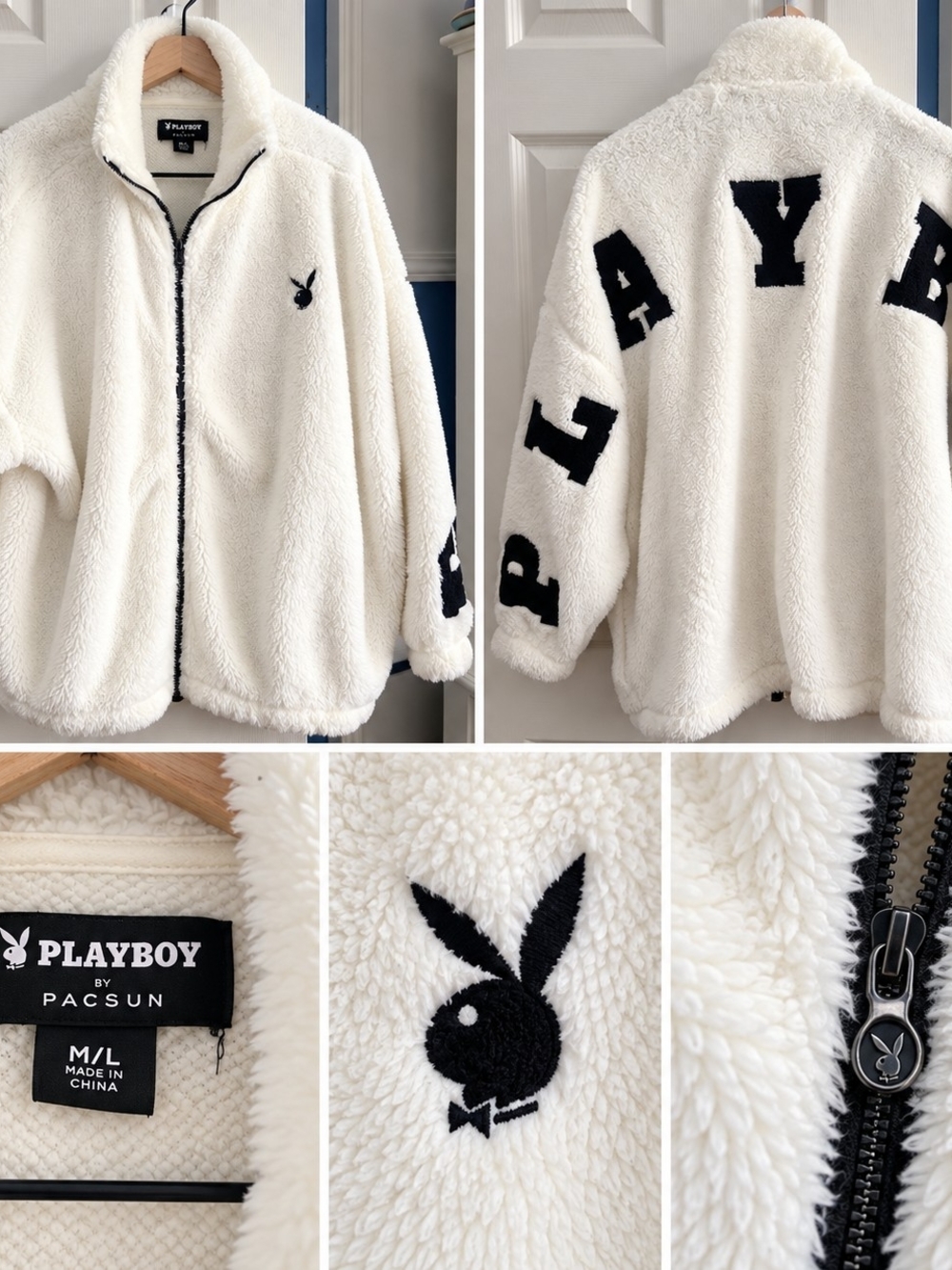PLAYBOY x PacSun Women's Cream Sherpa Jacket with Black Logo